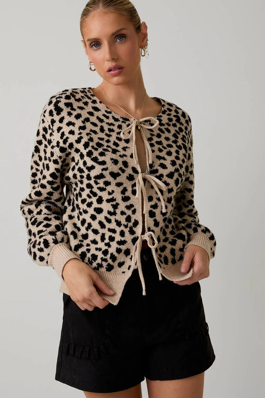 Animal Print Front Tie Cardigan