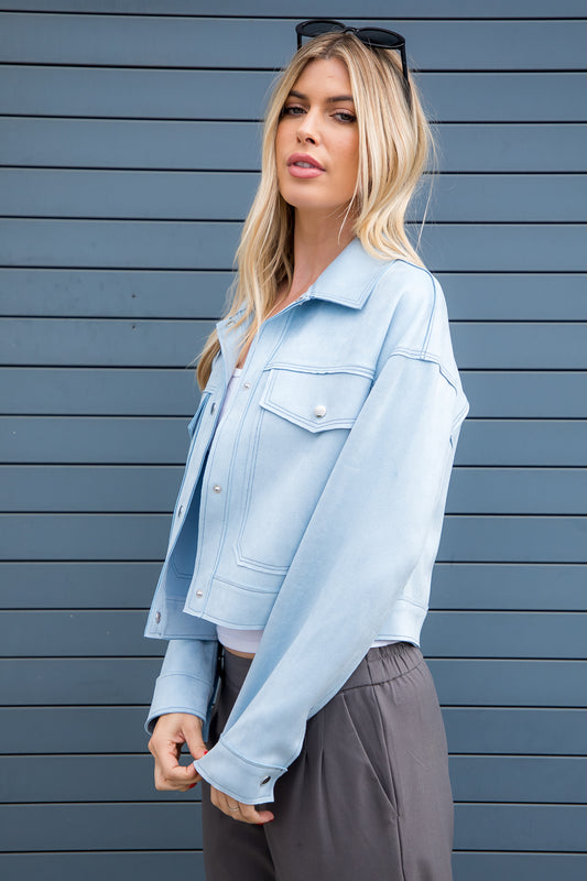 Suede Cropped Jacket - Light Blue