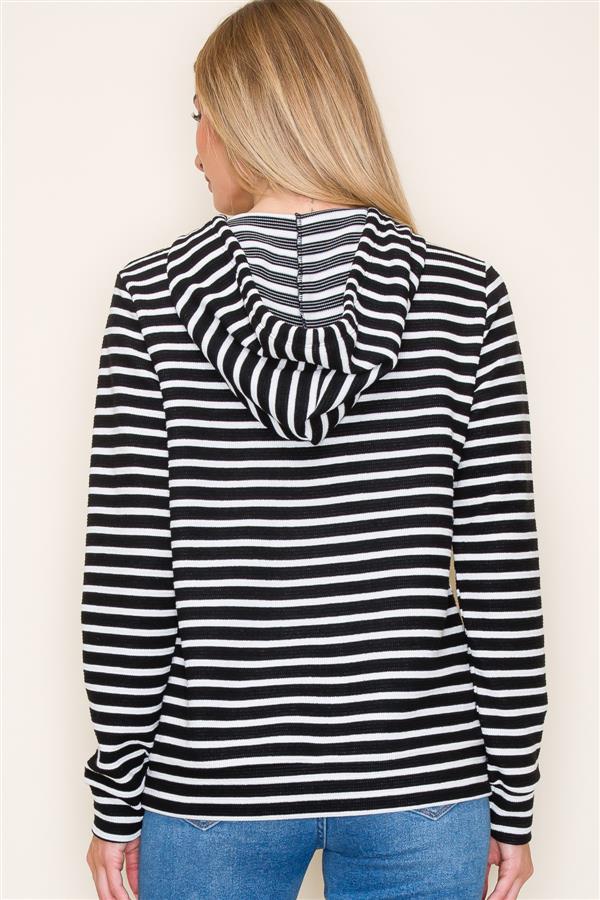 Hooded Drawstring Striped Top