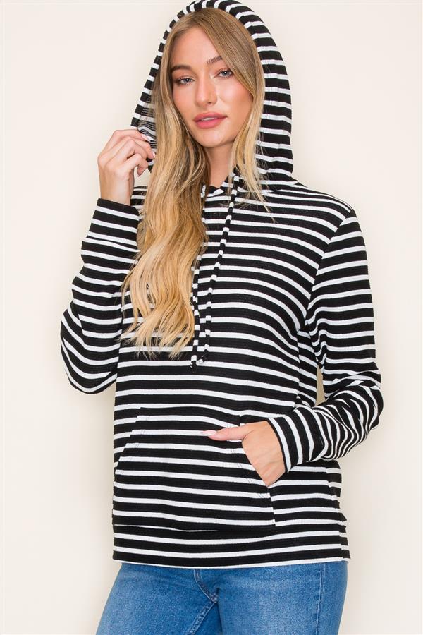 Hooded Drawstring Striped Top