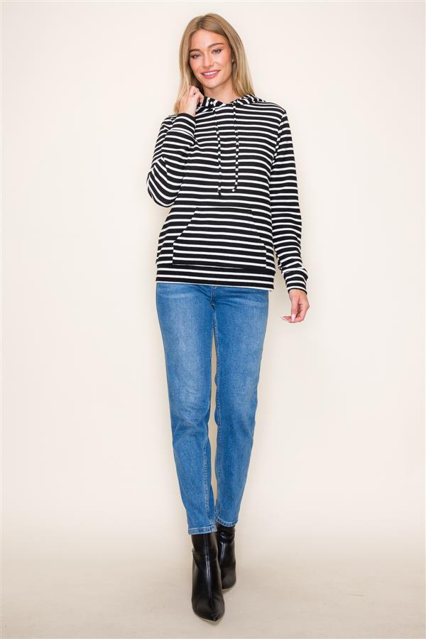 Hooded Drawstring Striped Top