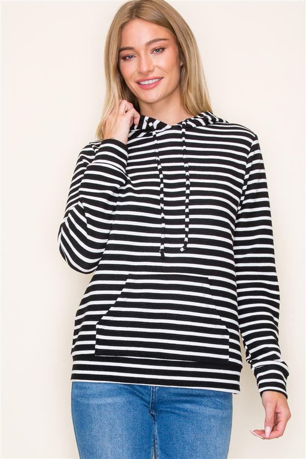 Hooded Drawstring Striped Top