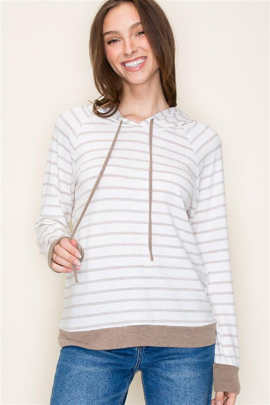 Taupe Striped Hoodie Top