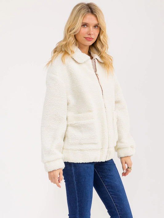 Long Sleeve Zip Sherpa Jacket - Cream
