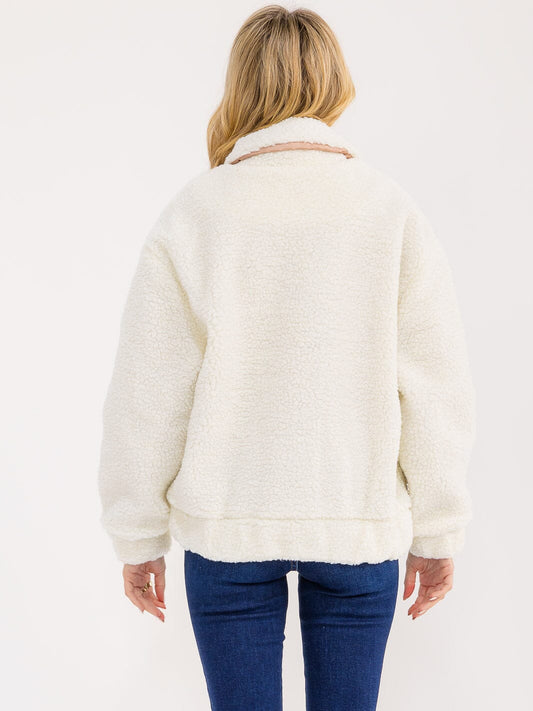 Long Sleeve Zip Sherpa Jacket - Cream