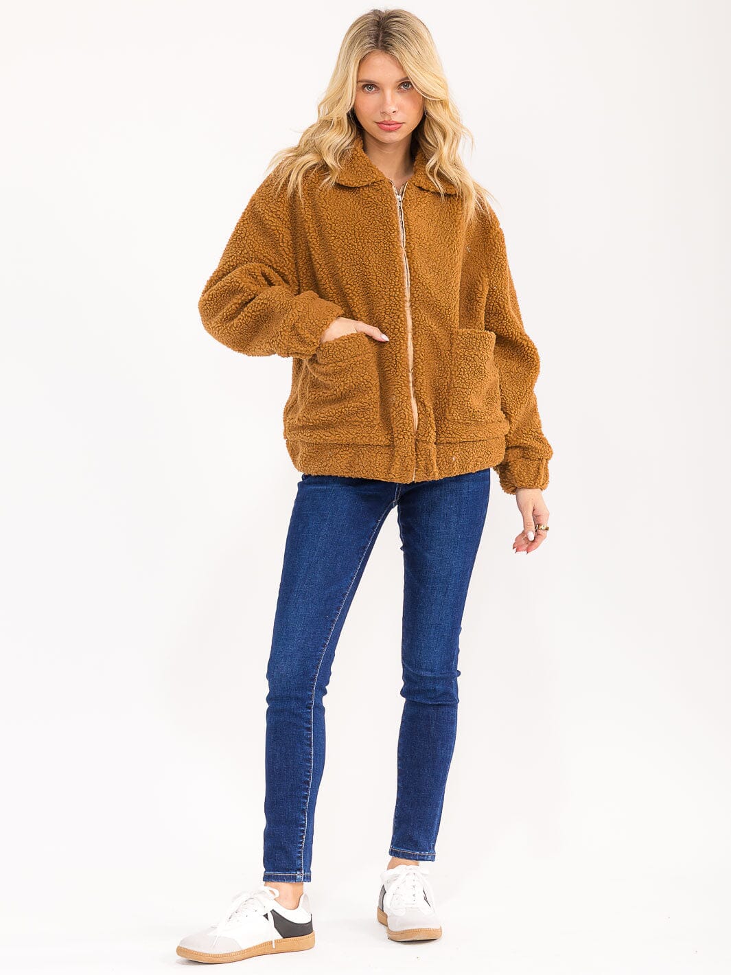 Long Sleeve Zip Sherpa Jacket - Camel