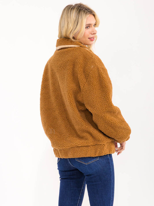 Long Sleeve Zip Sherpa Jacket - Camel