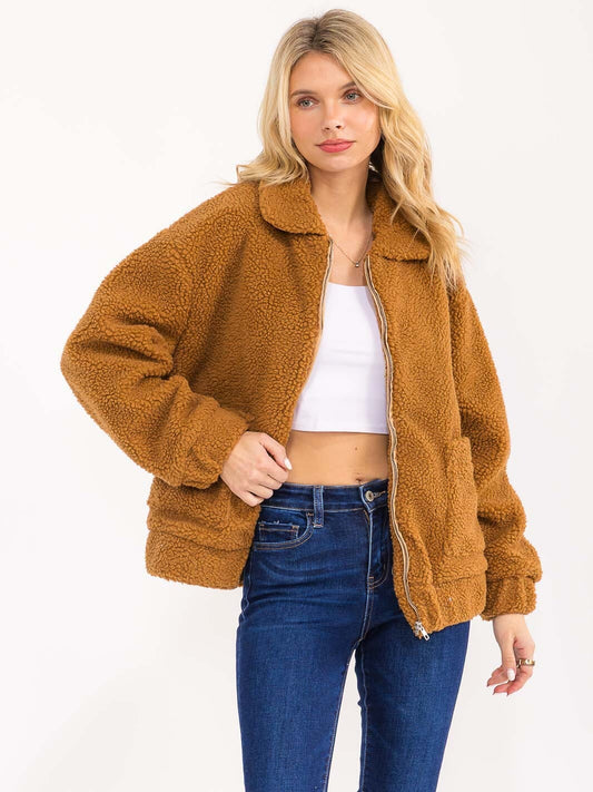Long Sleeve Zip Sherpa Jacket - Camel