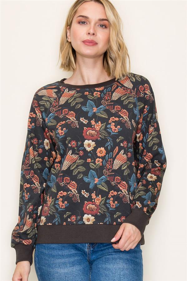 Embroidered Floral Terry Pullover - Charcoal