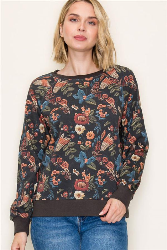 Embroidered Floral Terry Pullover - Charcoal