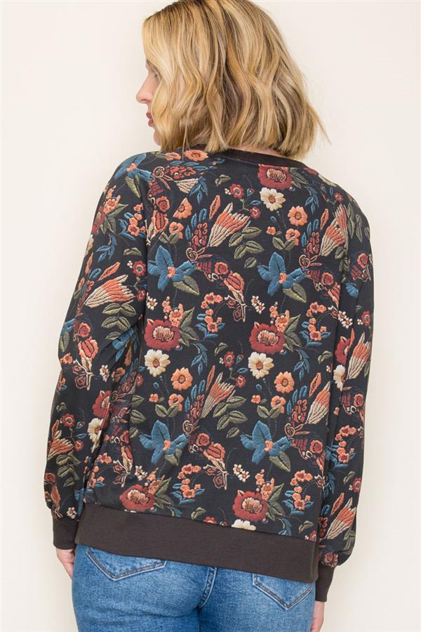Embroidered Floral Terry Pullover - Charcoal