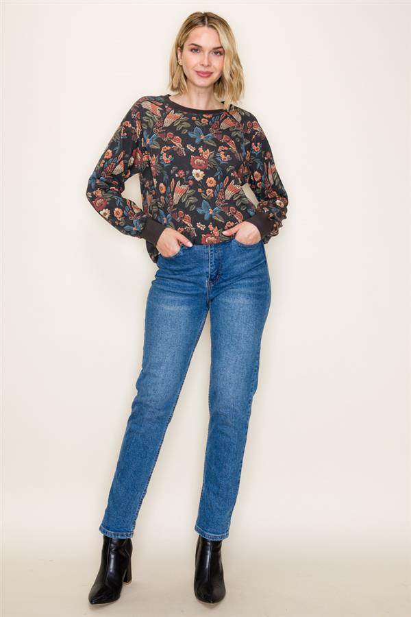 Embroidered Floral Terry Pullover - Charcoal