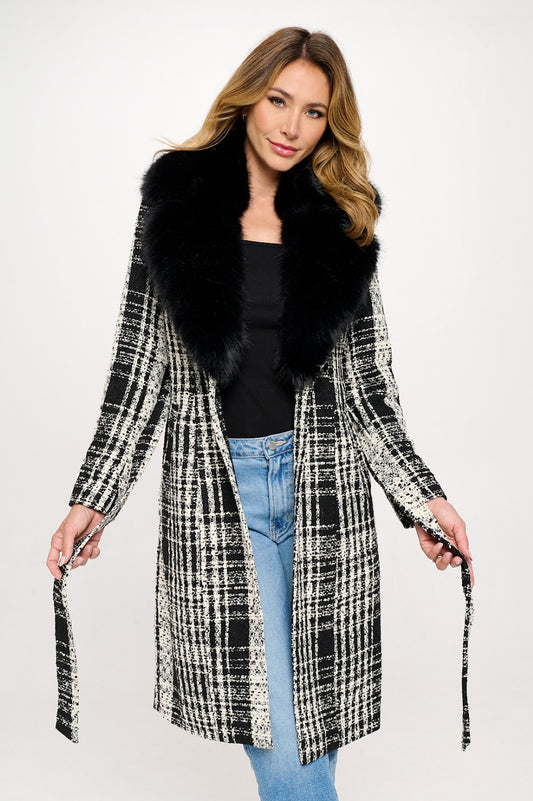 Plaid Wool Fur Trip Coat - Black