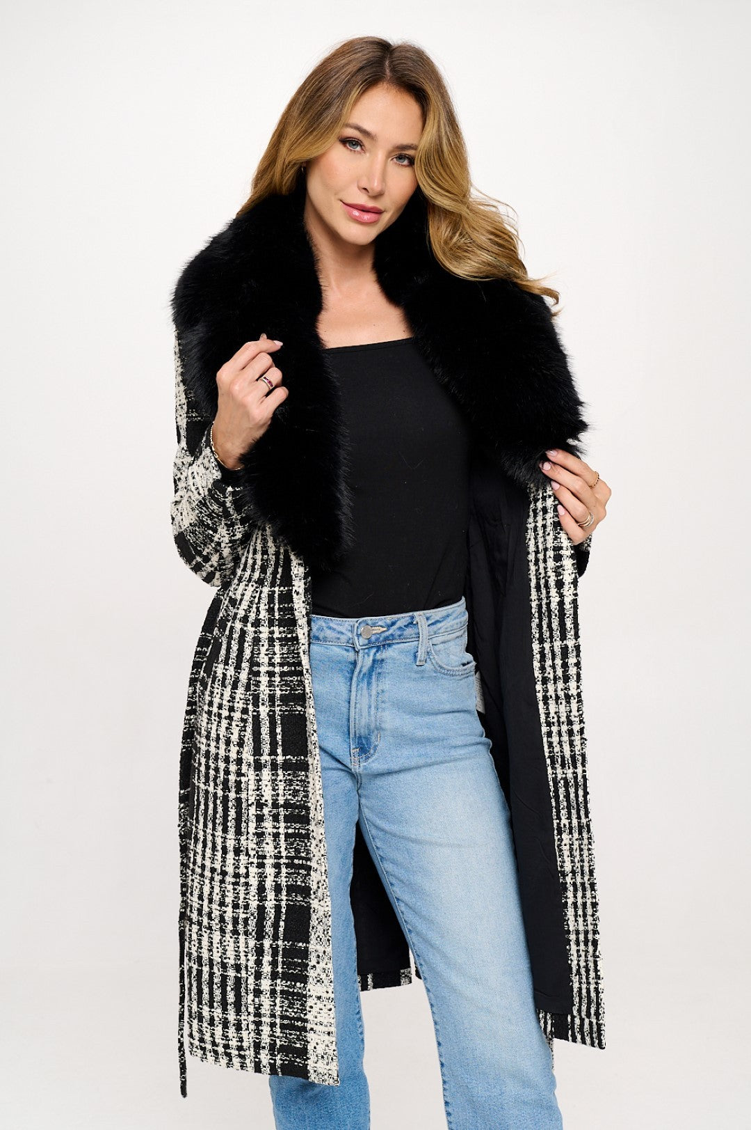 Plaid Wool Fur Trip Coat - Black