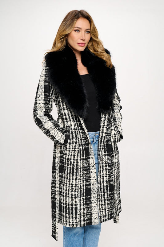Plaid Wool Fur Trip Coat - Black