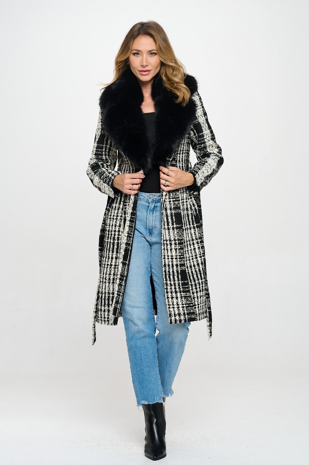 Plaid Wool Fur Trip Coat - Black