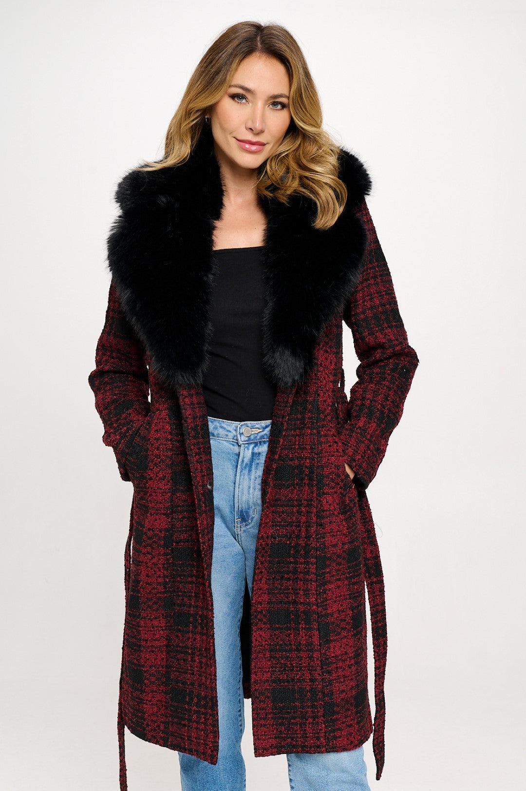 Plaid Wool Fur Trip Coat - Red
