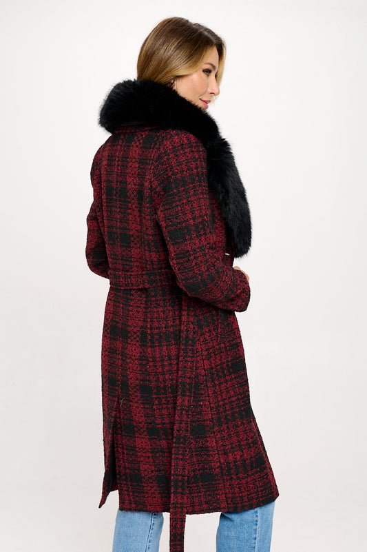 Plaid Wool Fur Trip Coat - Red
