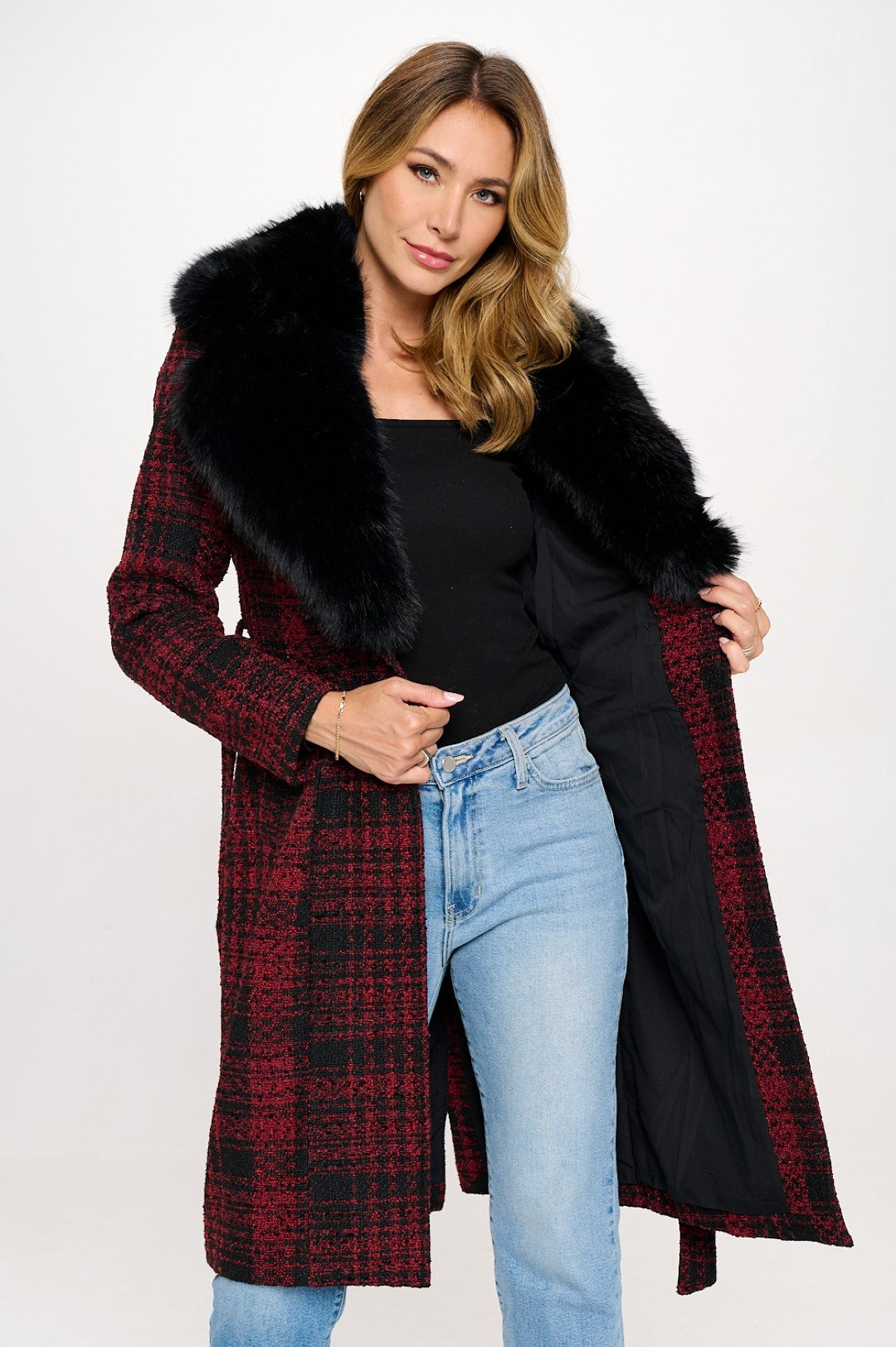 Plaid Wool Fur Trip Coat - Red