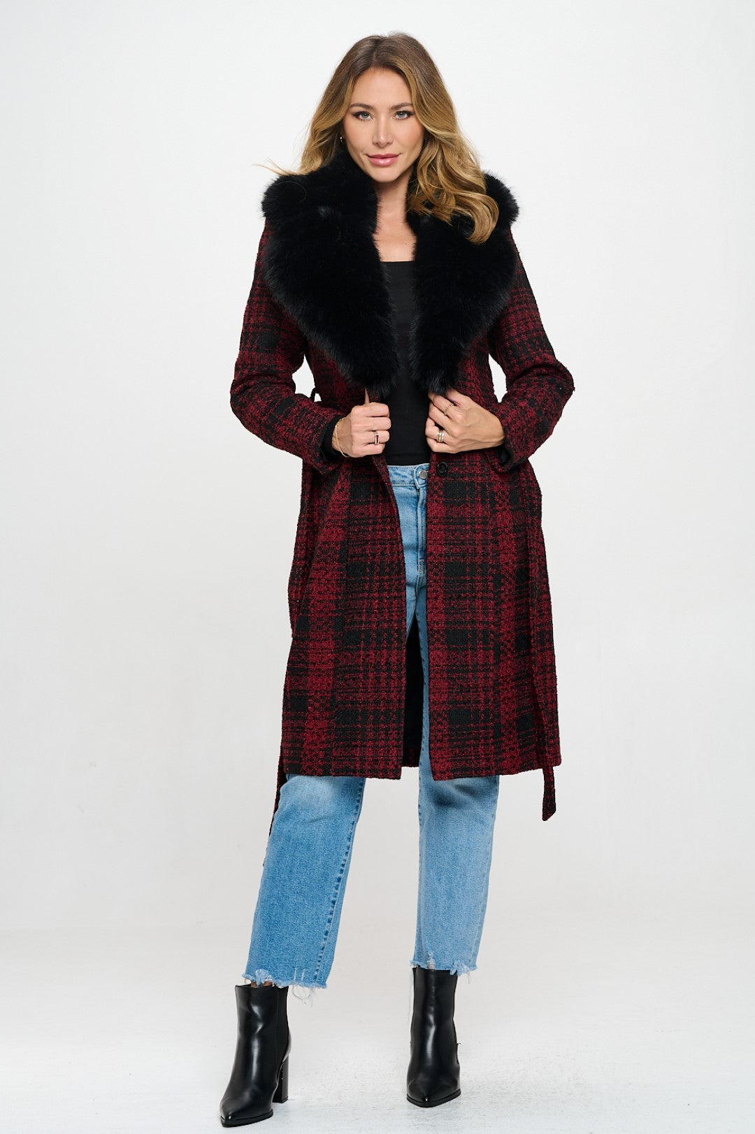 Plaid Wool Fur Trip Coat - Red