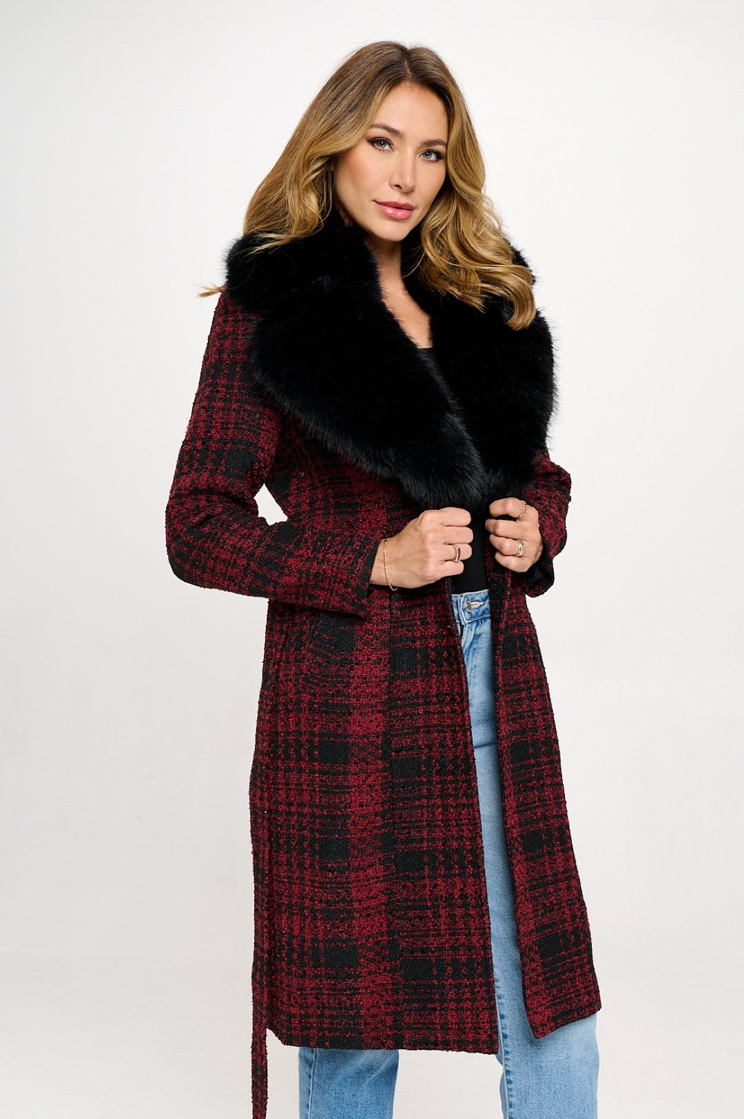 Plaid Wool Fur Trip Coat - Red
