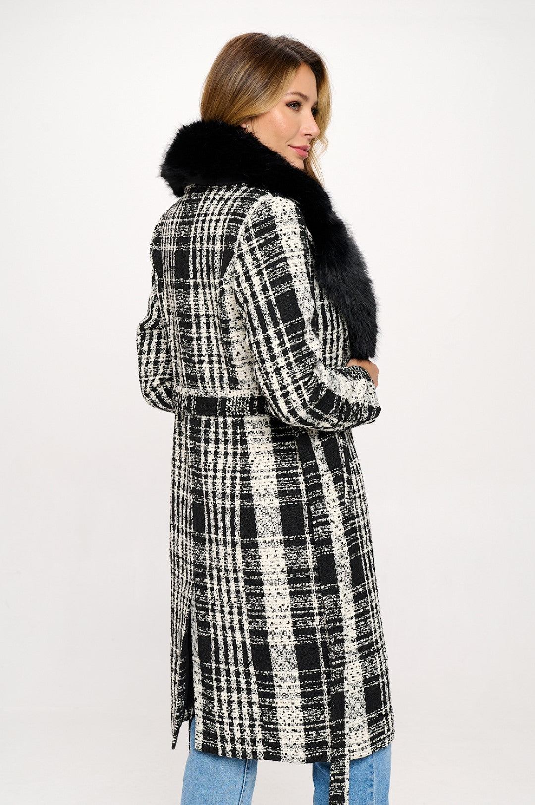 Plaid Wool Fur Trip Coat - Black