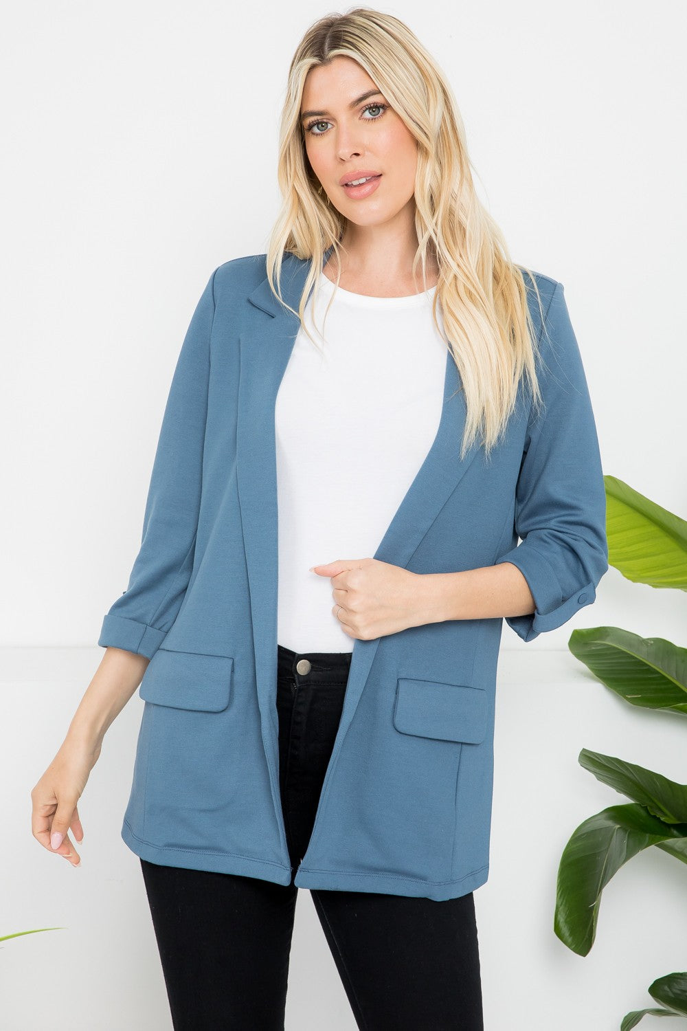 Ponte Open Front Roll Up Blazer - Storm Cloud