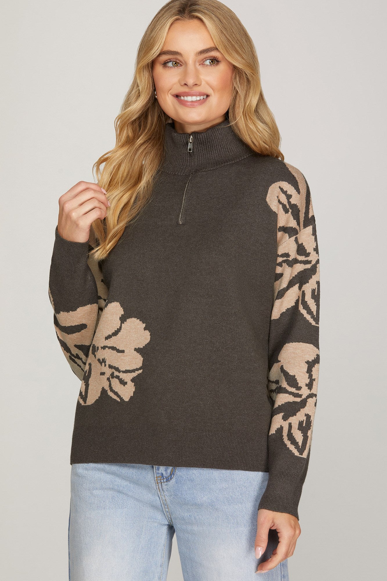 Half-Zip Floral Sweater