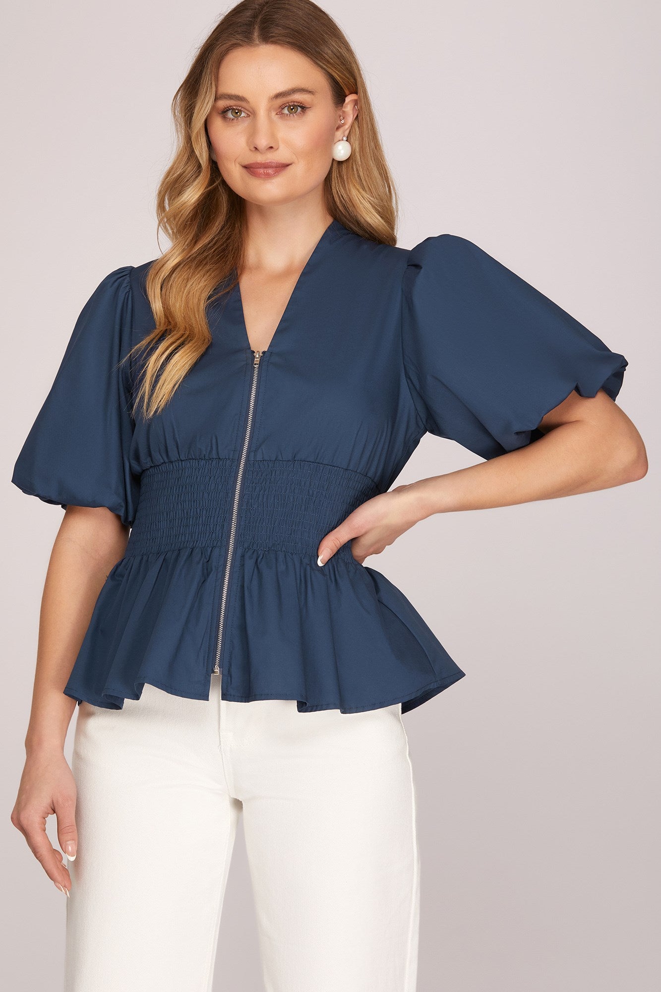 Front Zip Smocked Top