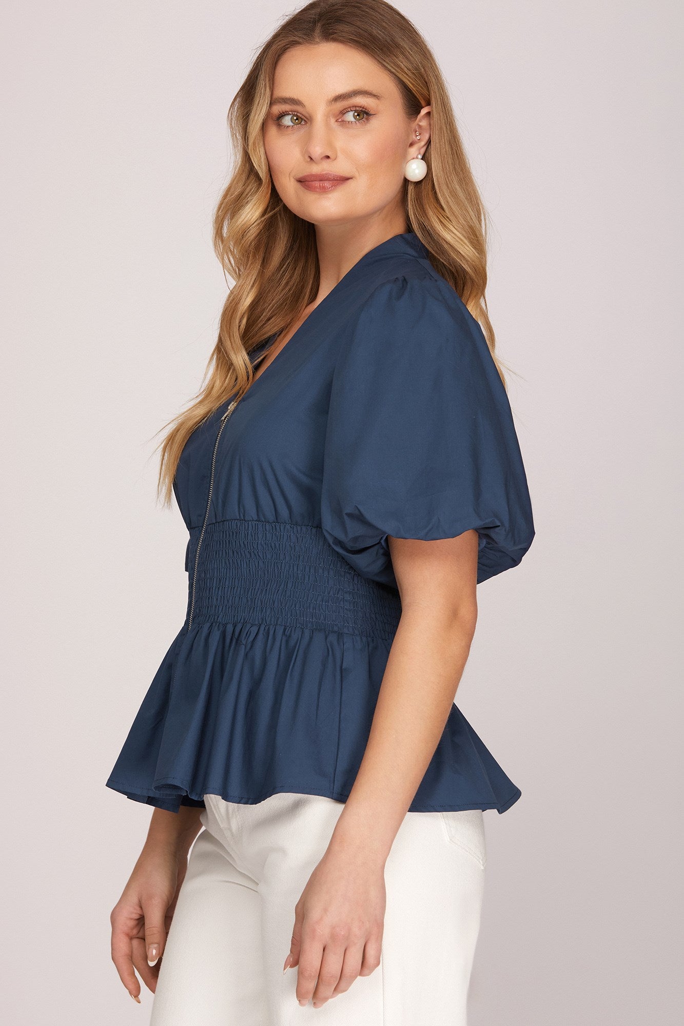 Front Zip Smocked Top