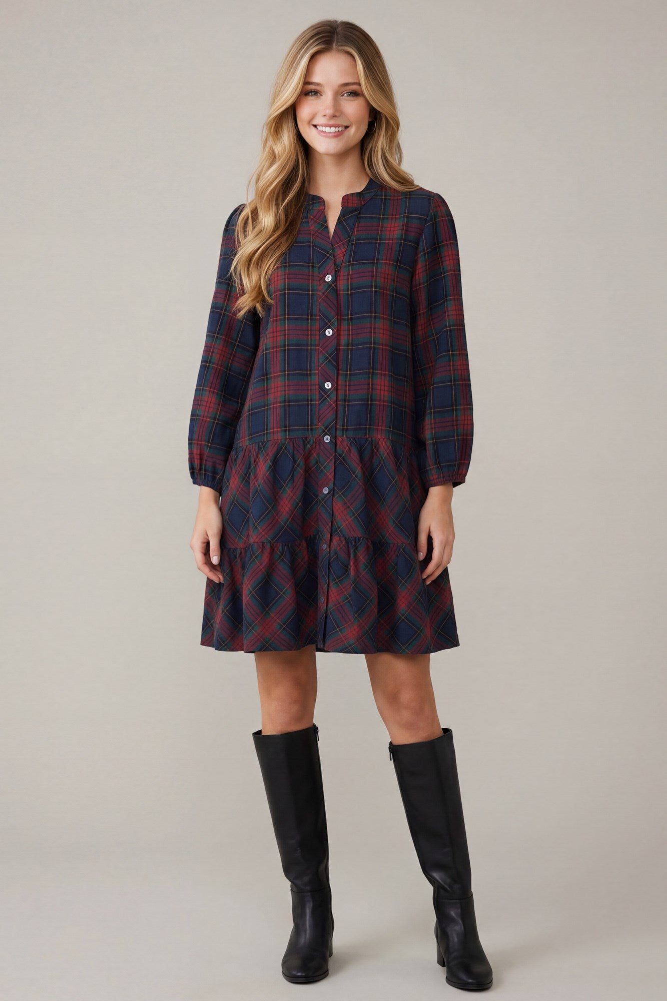 Navy Plaid Button Dress