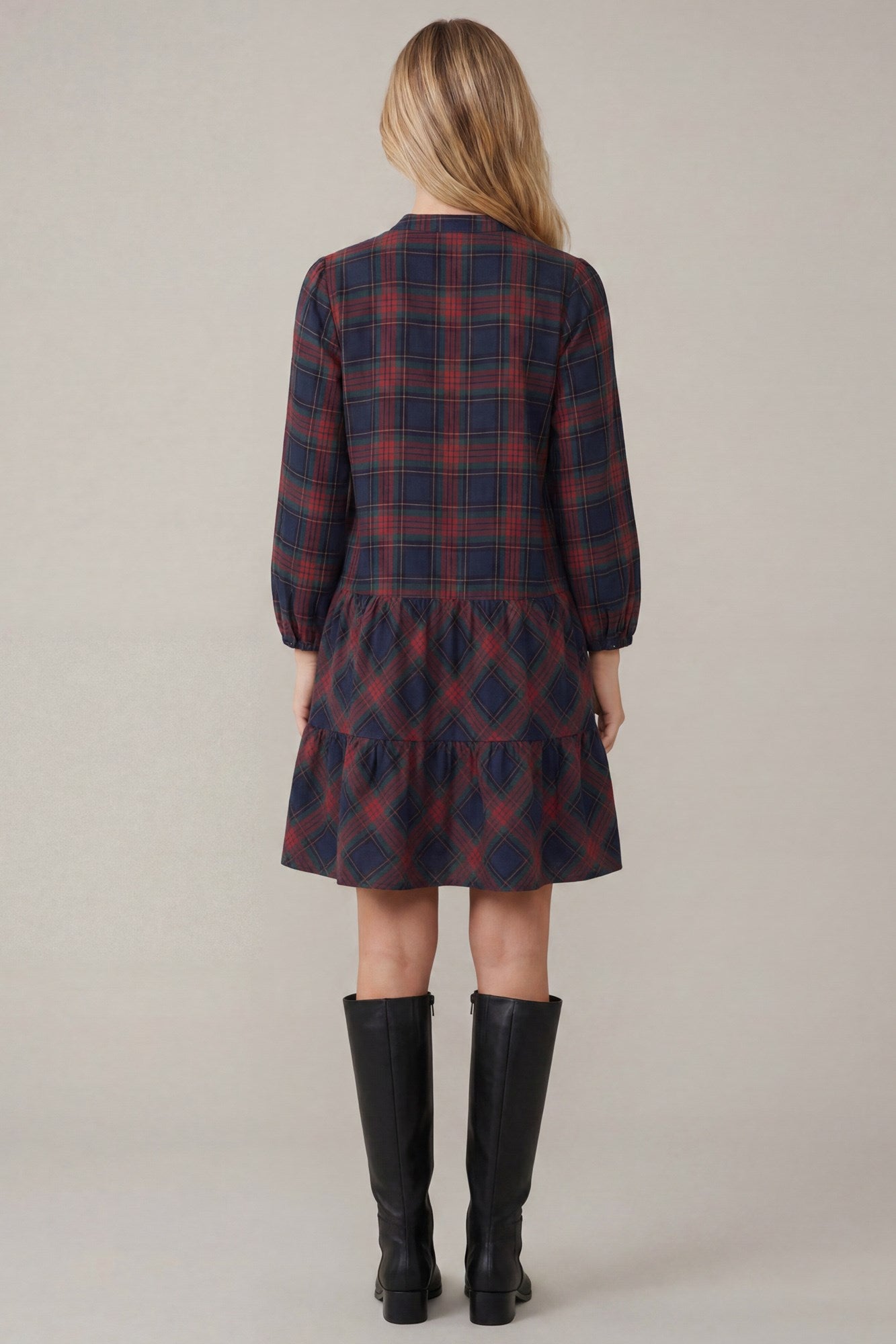 Navy Plaid Button Dress