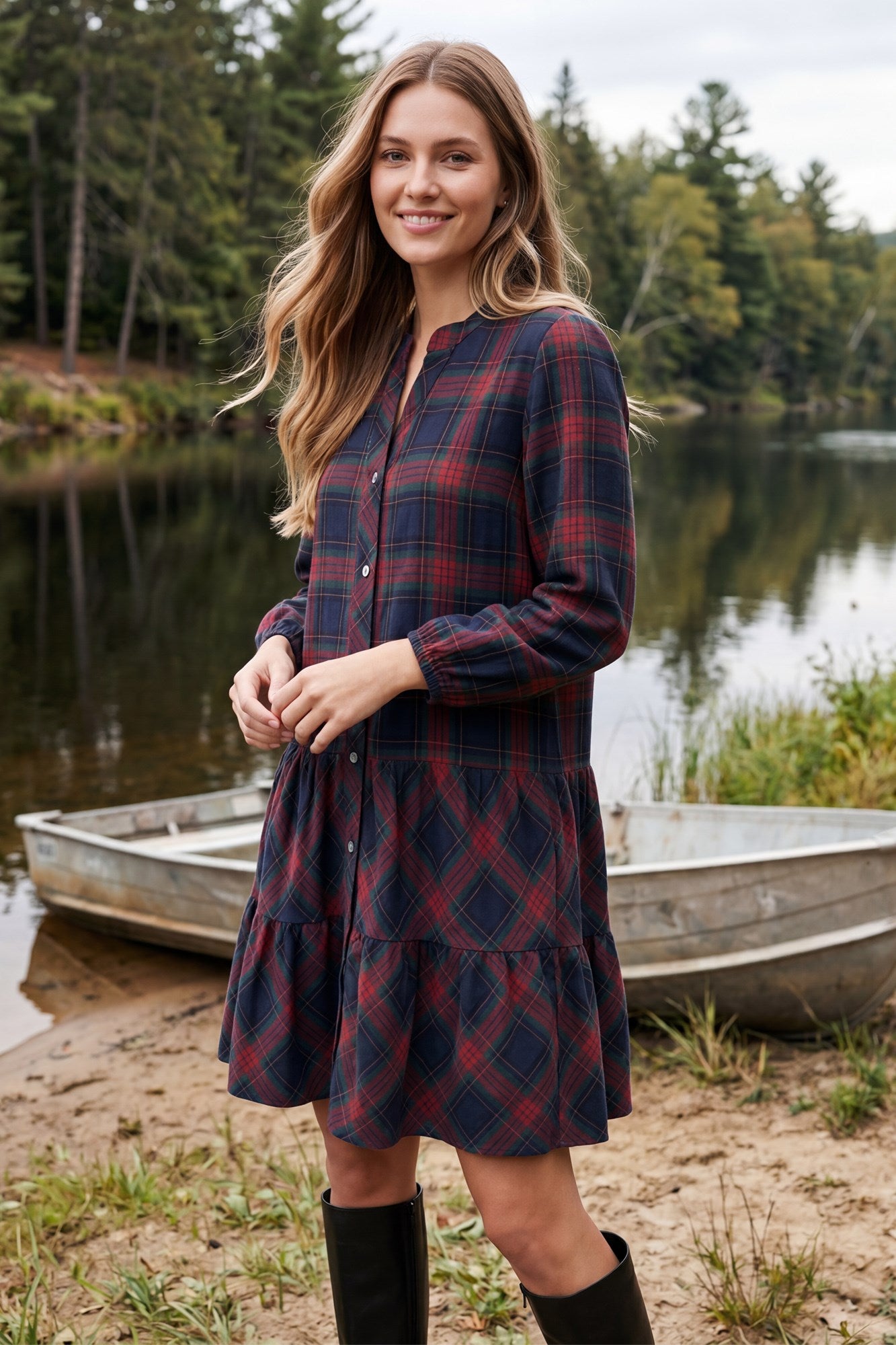 Navy Plaid Button Dress