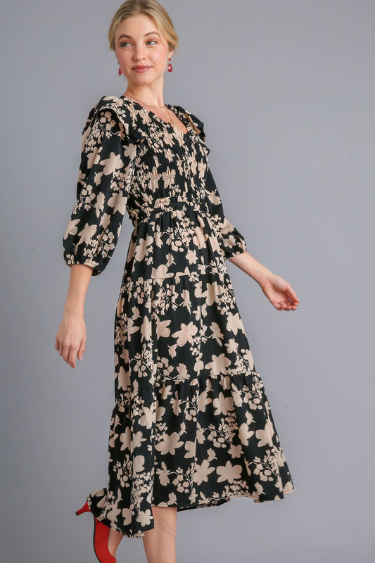 Smocking Ruffle Midi Dress