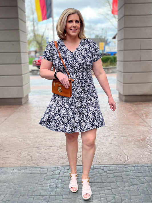 Short Sleeved Ruche Navy and Pink Floral Print Dress