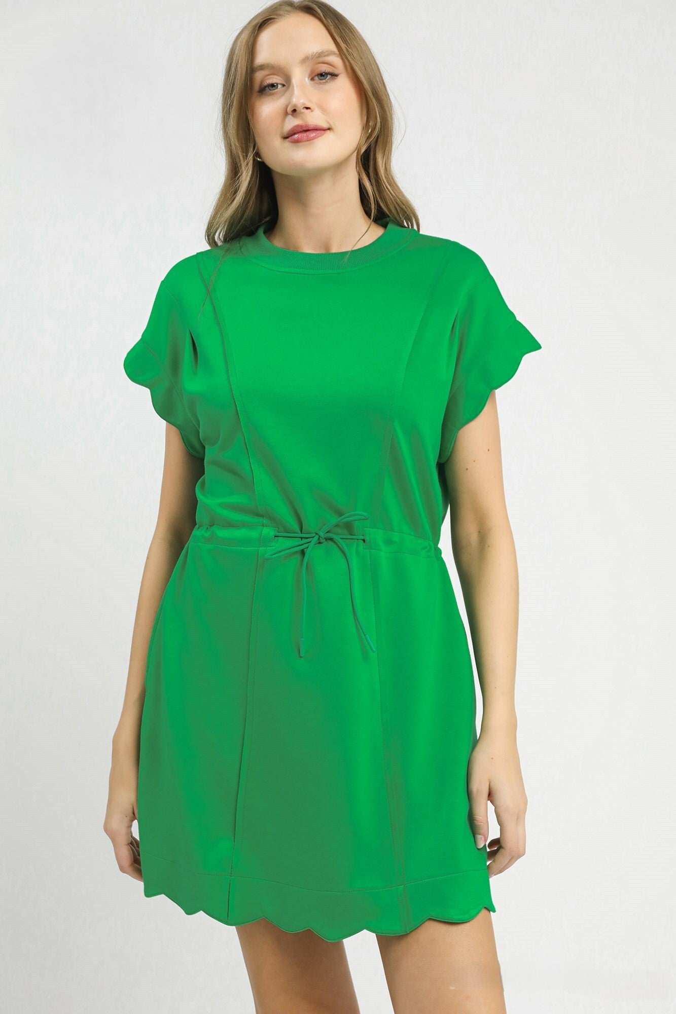 Scallop Hem Drawstring Dress - Island Green