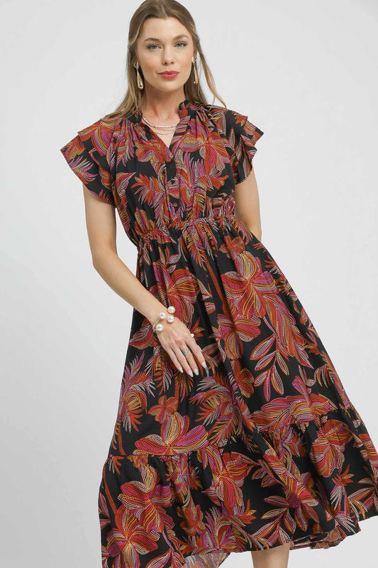 Tropical Ruffle Sleeve Dress
