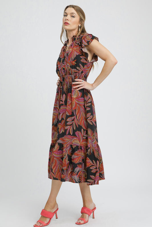 Tropical Ruffle Sleeve Dress