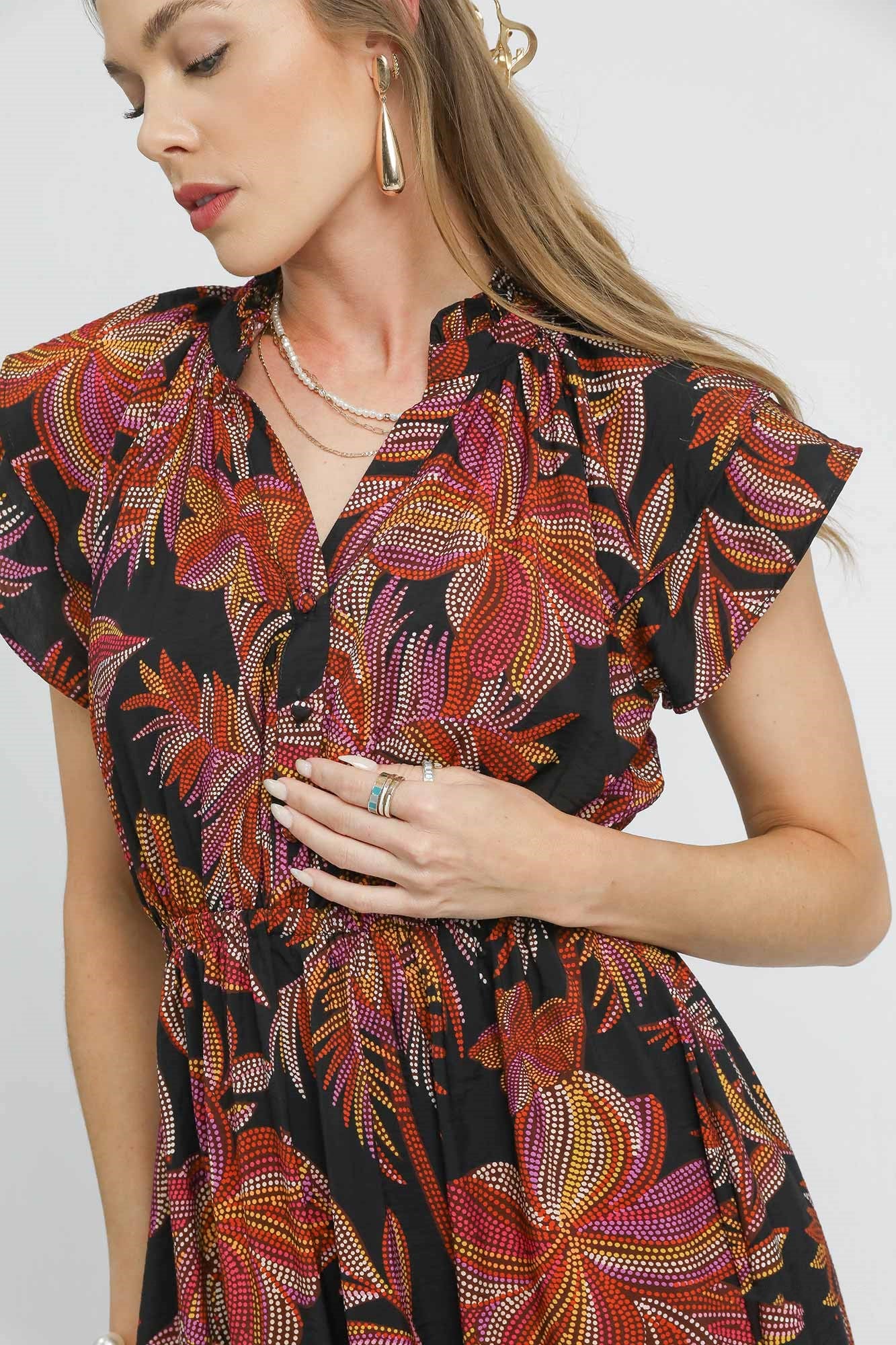 Tropical Ruffle Sleeve Dress