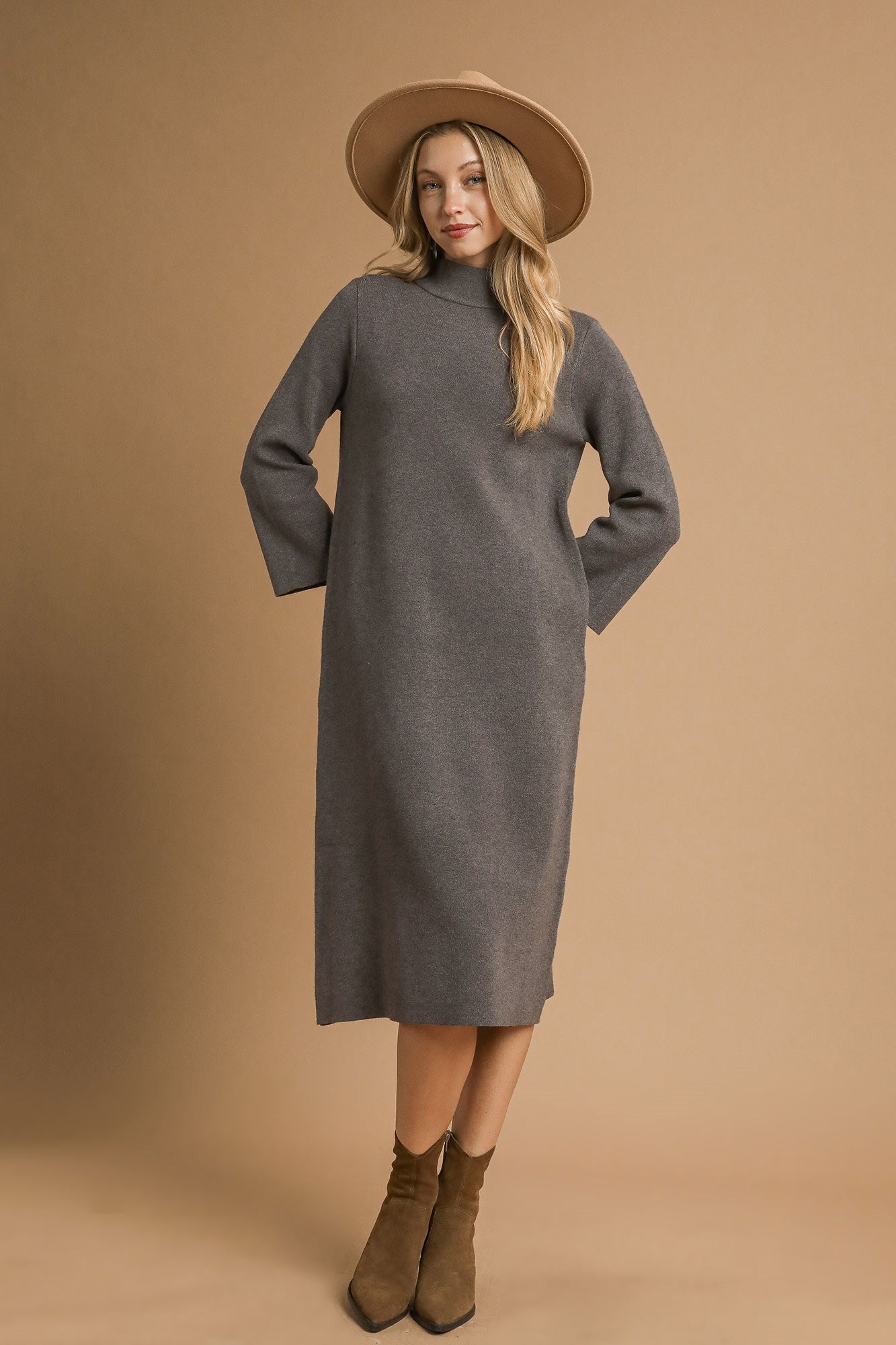 Mock Neck Sweater Dress S / CHARCOAL