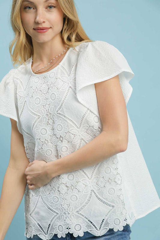 Lace Overlay Flutter Sleeve Top