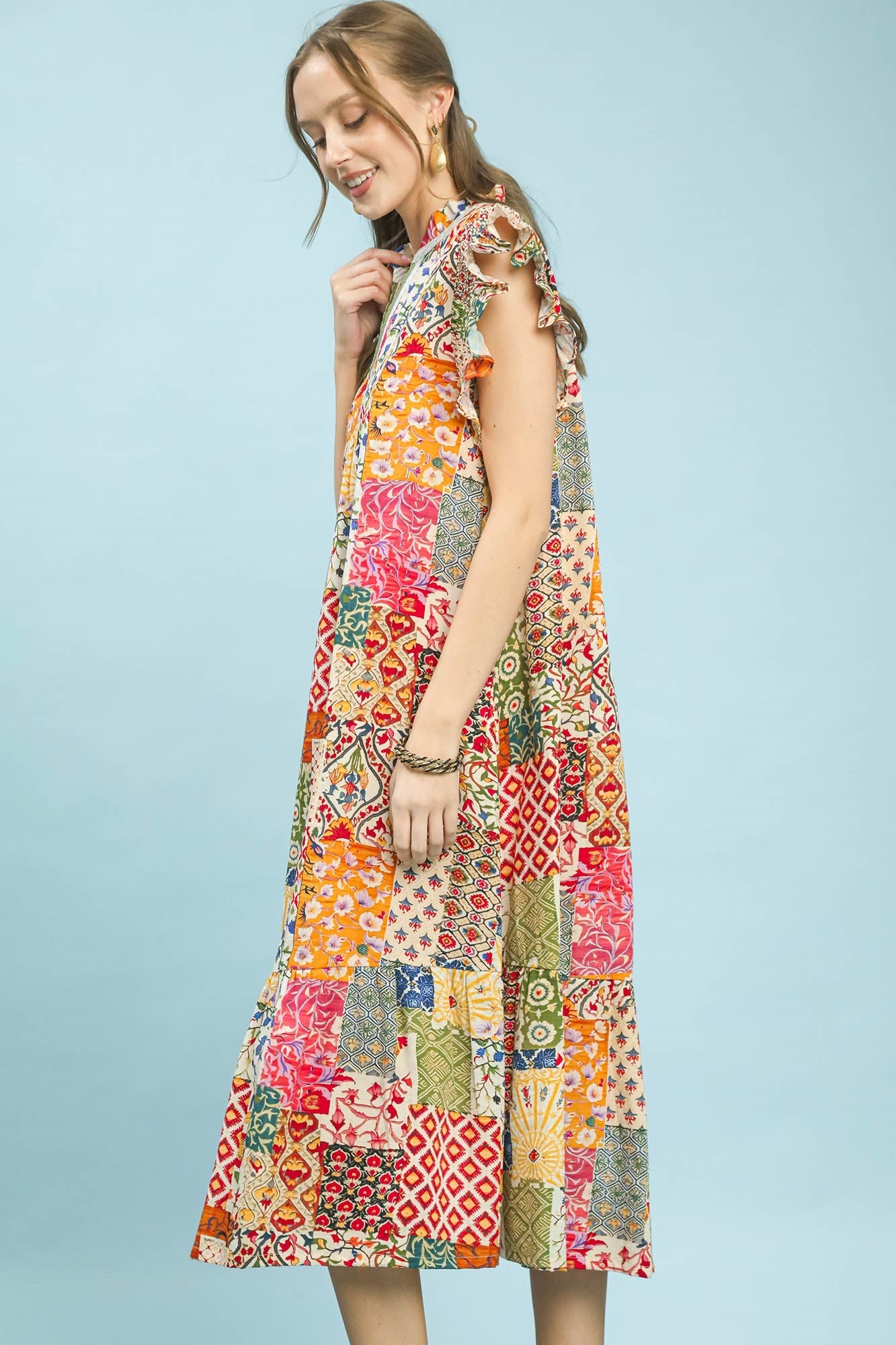 Patchwork Ruffle Sleeve Dress