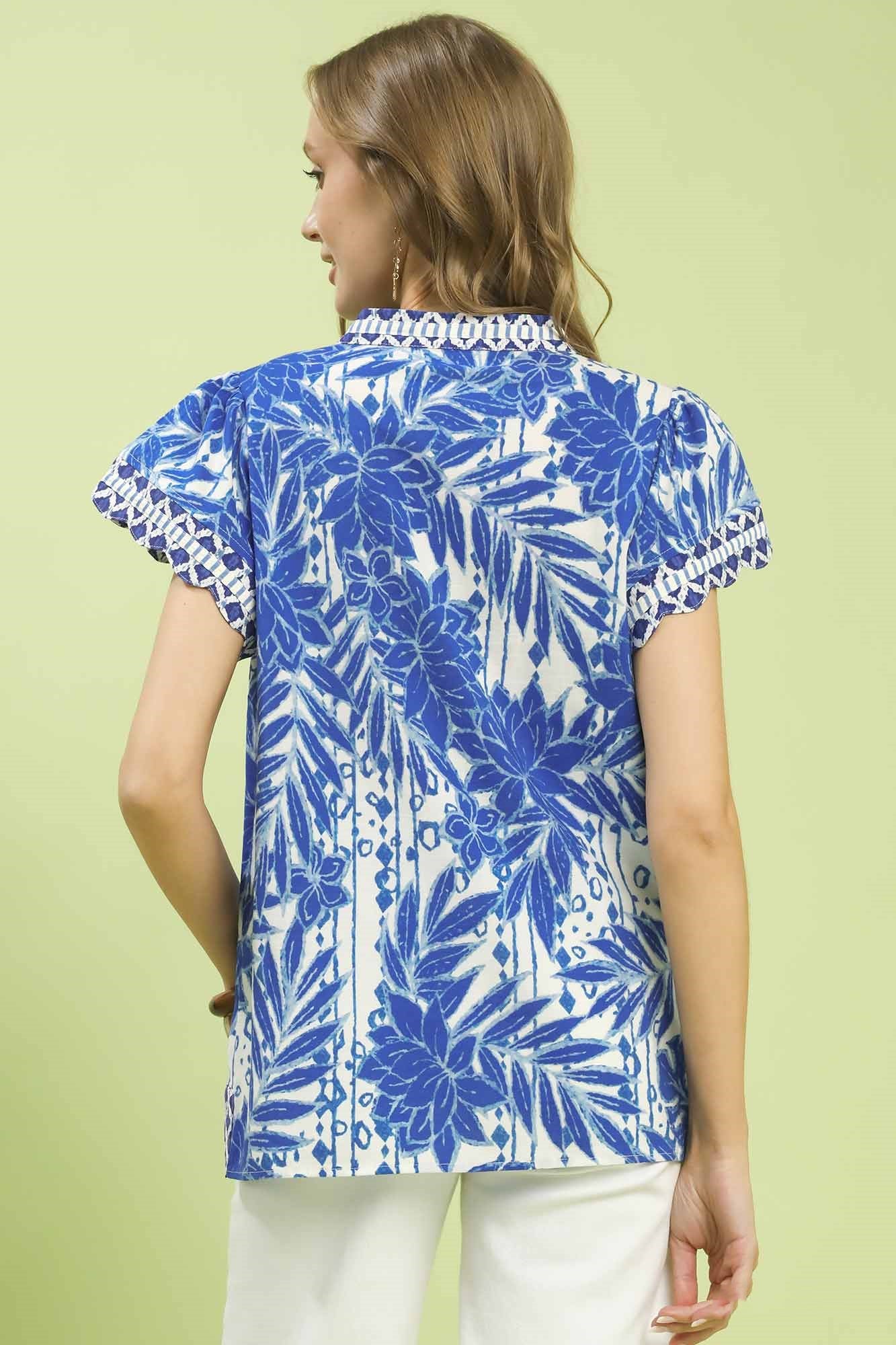 Tropical Print Contrast Trim Top