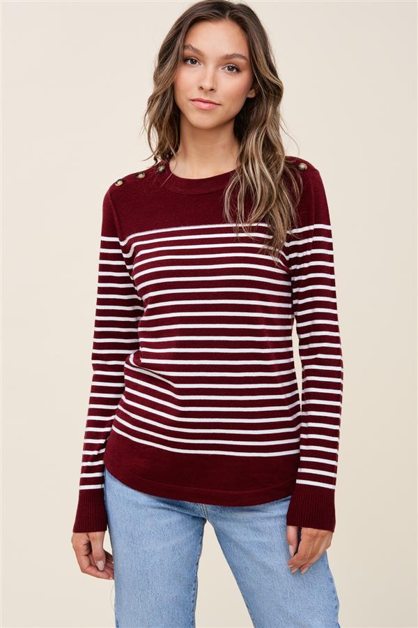 Button Shoulder Striped Sweater
