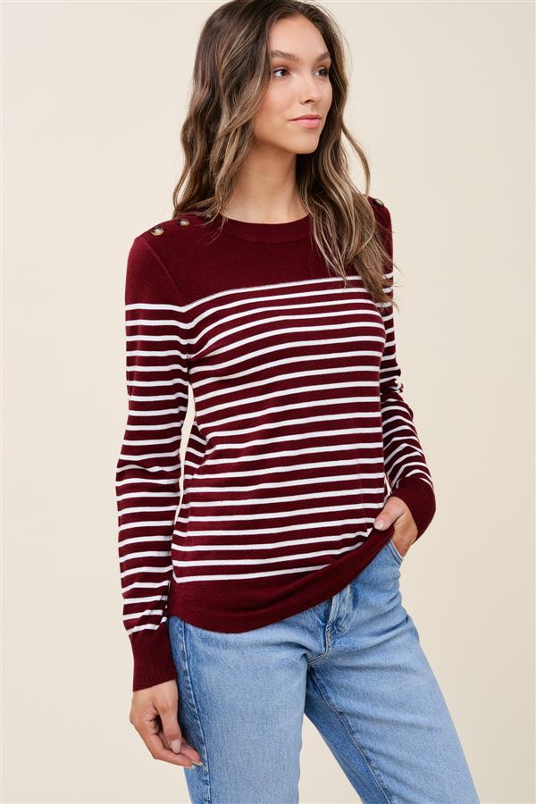 Button Shoulder Striped Sweater