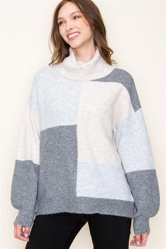 Gray Colorblock Turtleneck Sweater