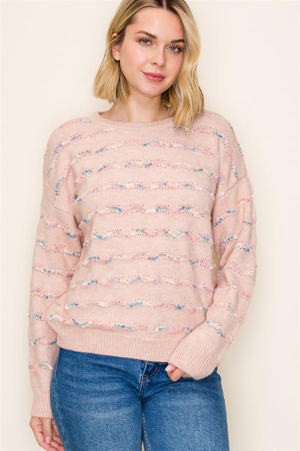 Popcorn Striped Pullover Sweater