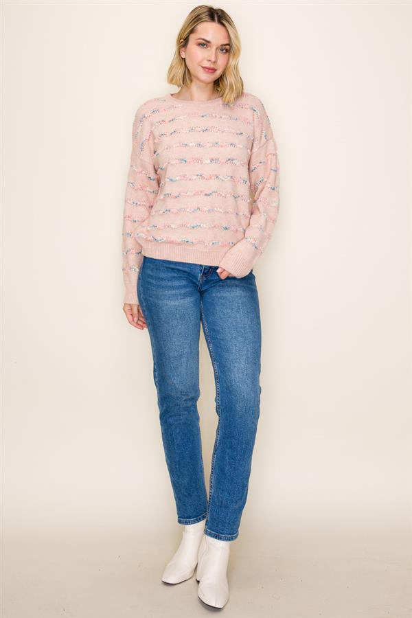 Popcorn Striped Pullover Sweater