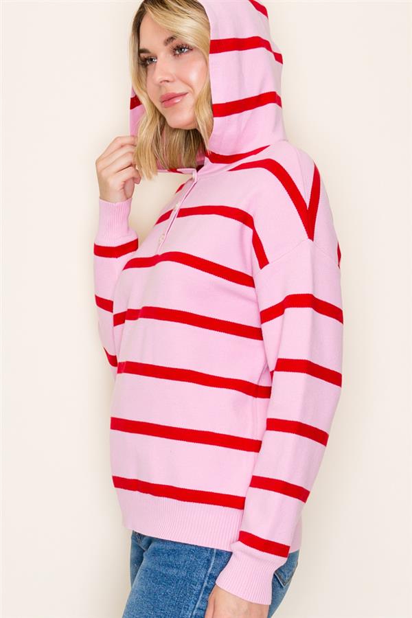 Half Button Striped Hoodie