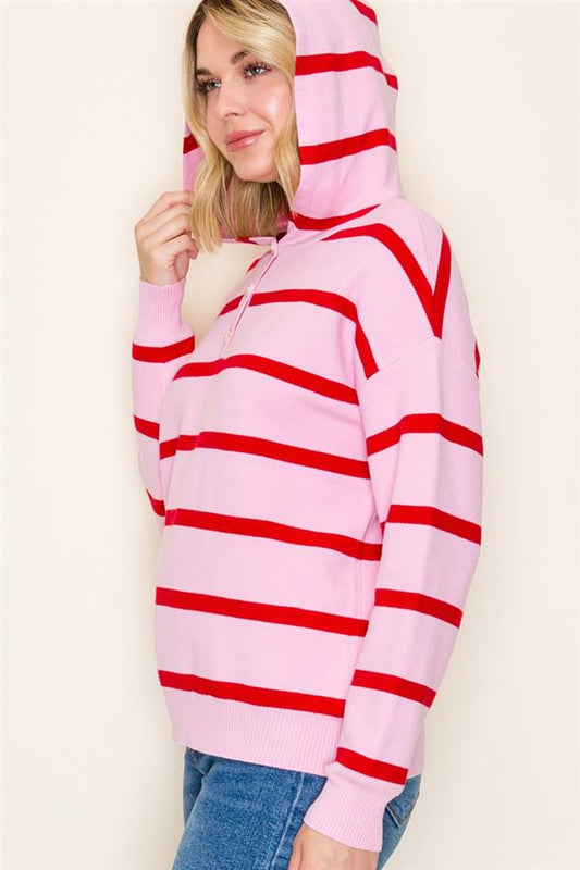 Half Button Striped Hoodie